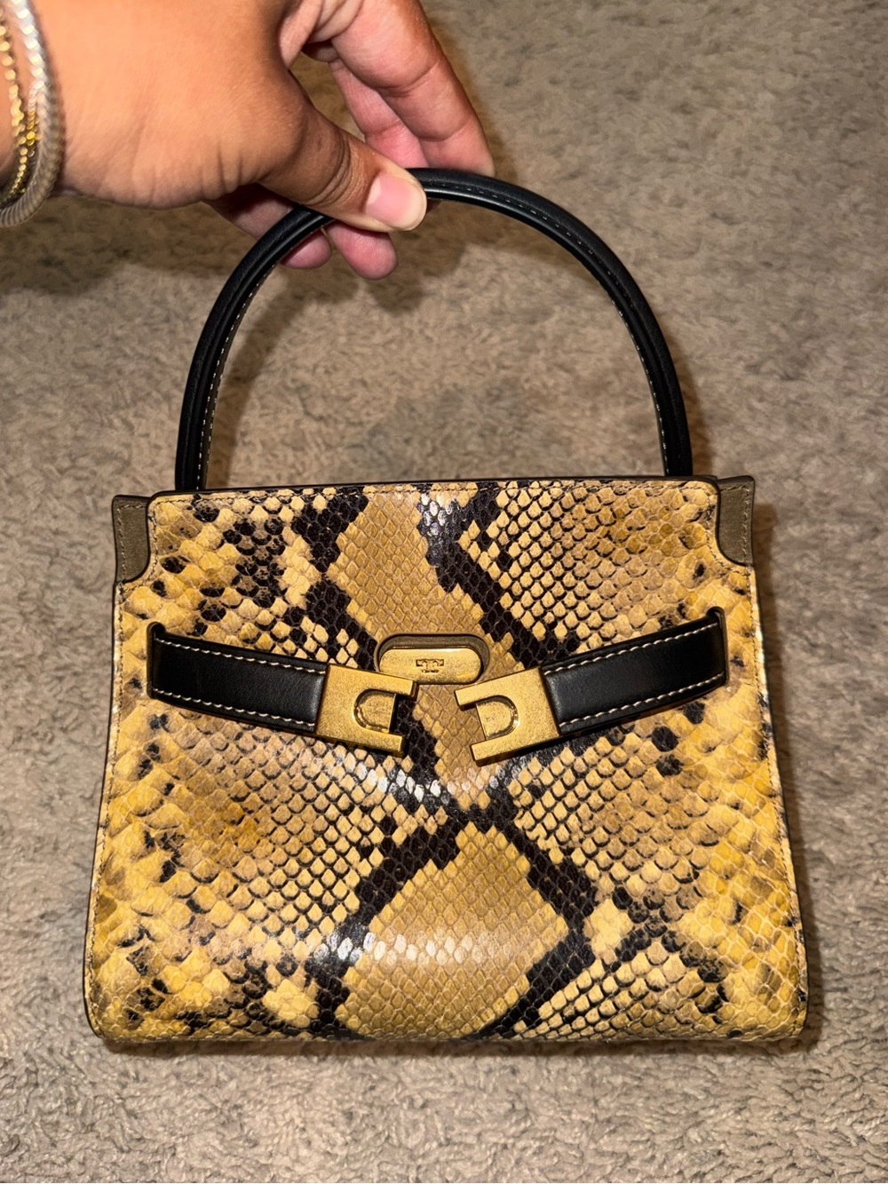 Tory Burch Lee Radziwill Yellow Snake-Print Mini Top Handle Bag with Brown Trim